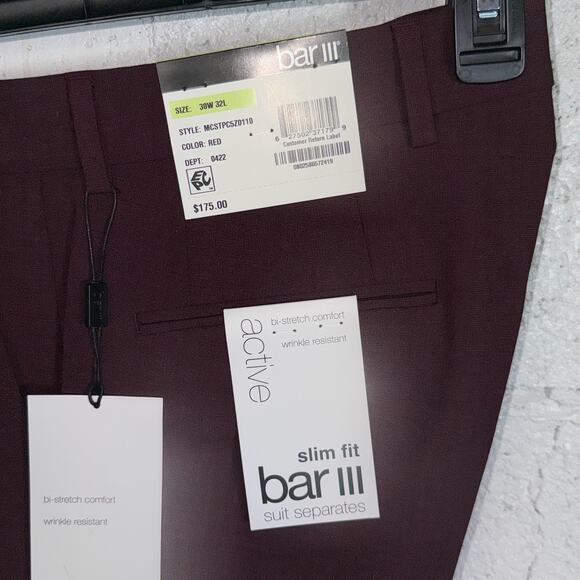 Bar III Men S Slim-Fit Wool Blend Stretch Dress Pants Berry Red 30x32 $175 - Picture 5 of 9
